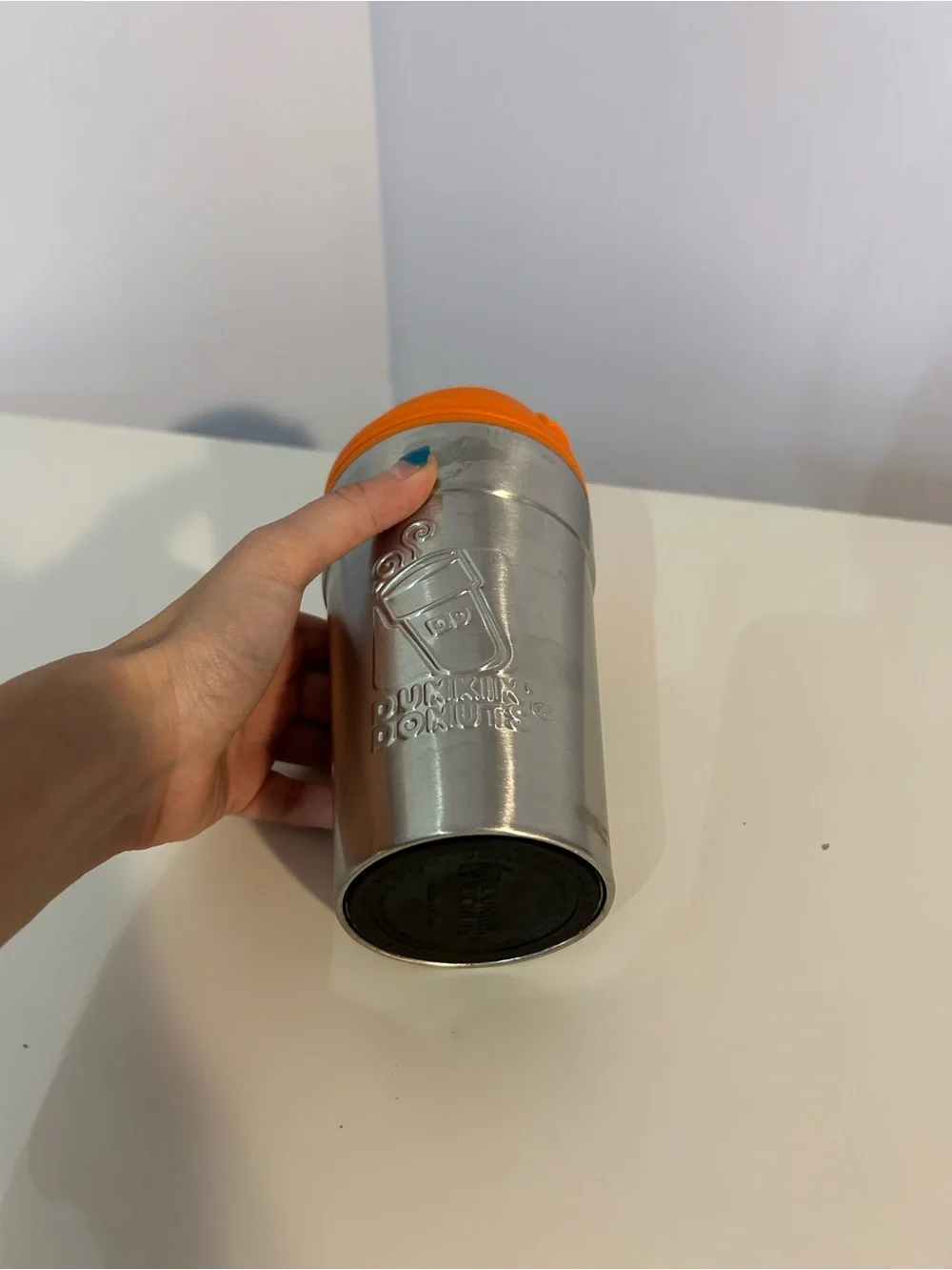Dunkin Dounts- vintage Stainless Steel Travel Mug with Orange Lid